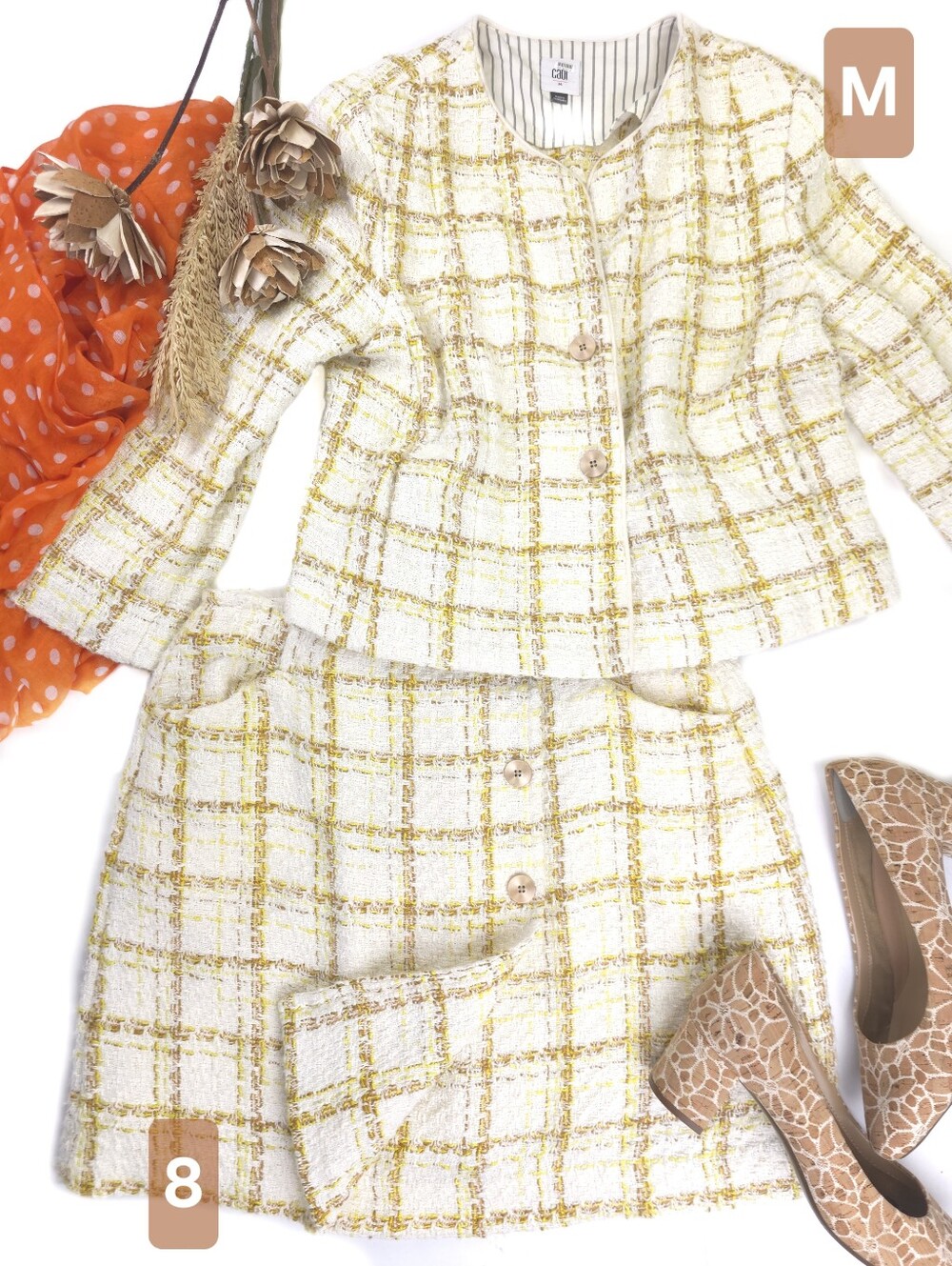 Cabi Women's Yellow Plaid Tweed Jacket & Skirt Set Sz M Jacket Sz 8 Skirt